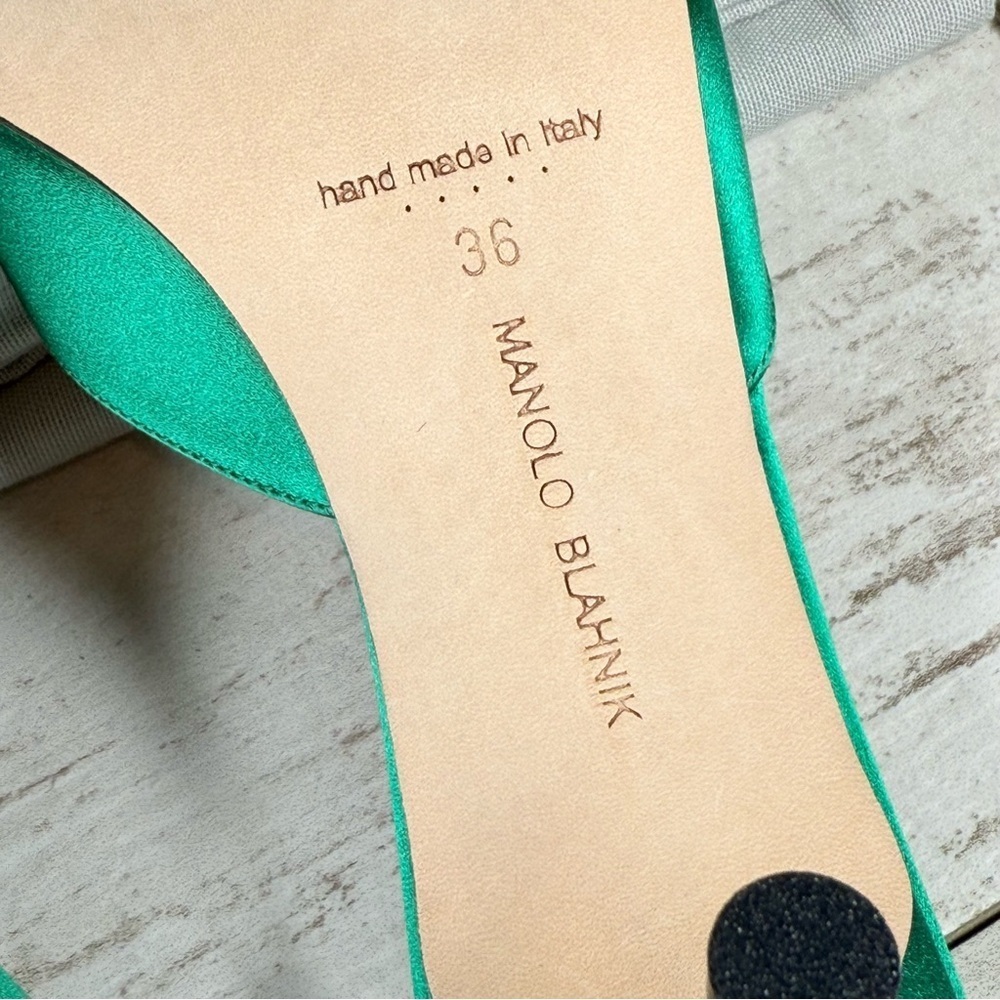 Manolo Blahnik Size 36 Green Hangisi Hangisimu Heeled Mules Satin 70MM NEW - Picture 14 of 16